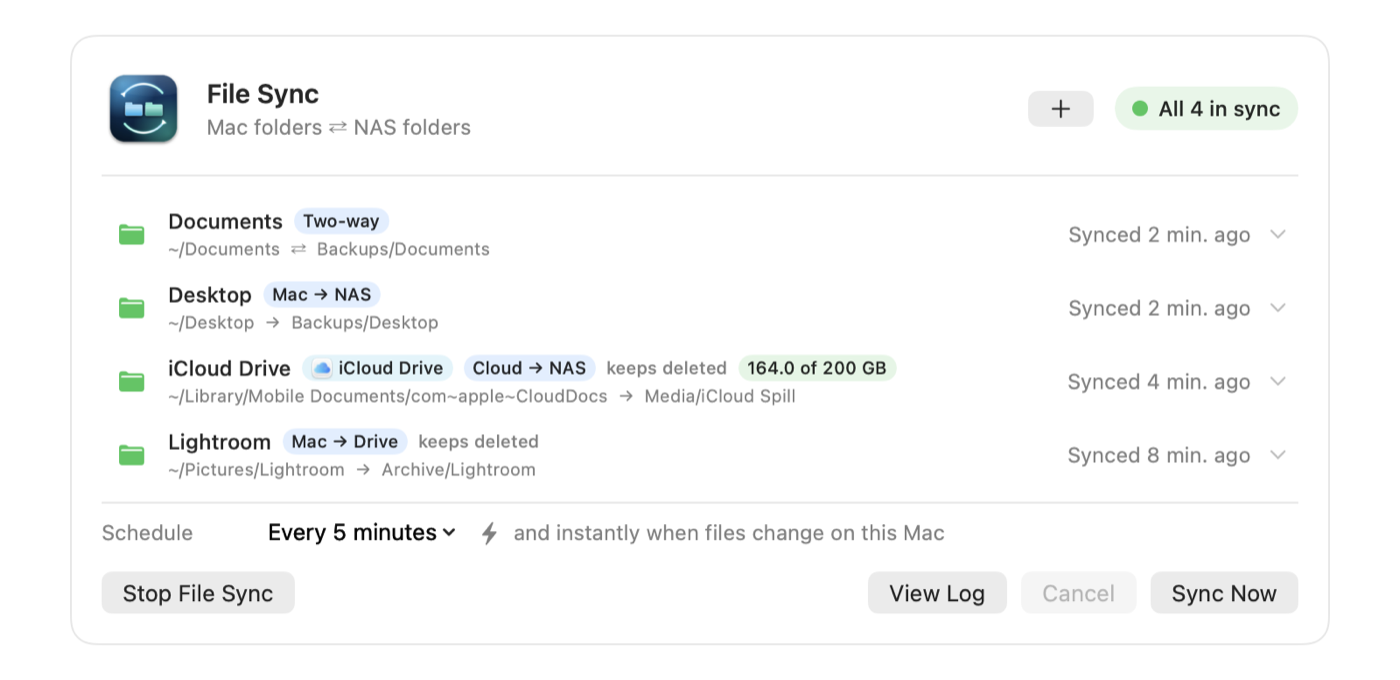 File Sync page with four folder pairs: Documents two-way, Desktop to the NAS, iCloud Drive to the NAS with Fill & Spill, and Lightroom to a USB drive.