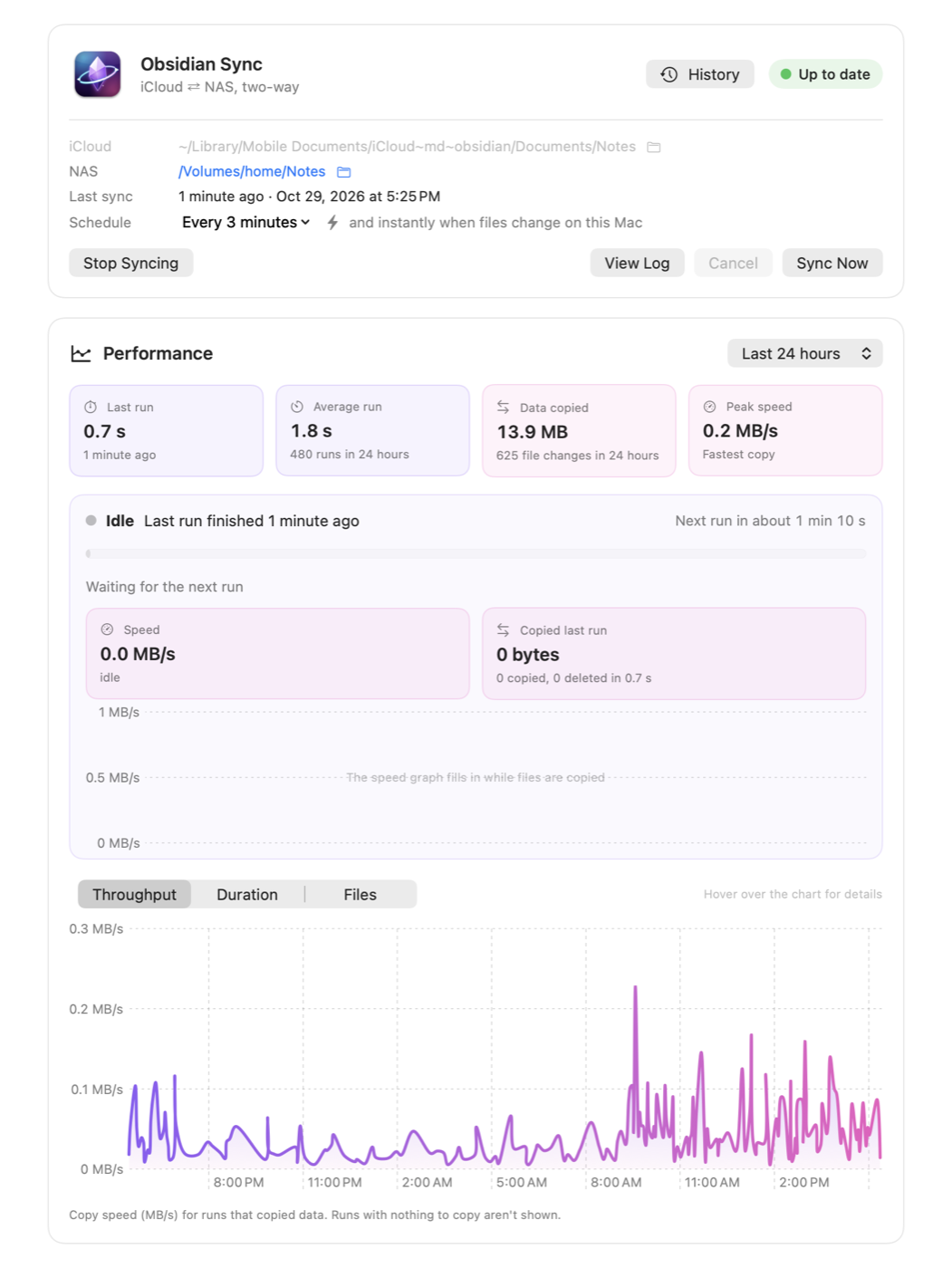 Obsidian Sync page showing the iCloud and NAS folders, the last sync a minute ago, and a 24-hour throughput chart.